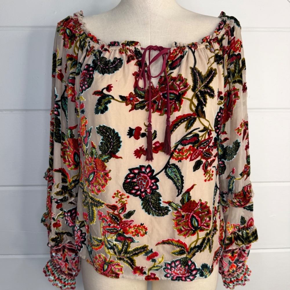 Hale Bob Velour Floral‎ Blouse Small Velvet Burn Out Whimsigoth Eclectic Boho